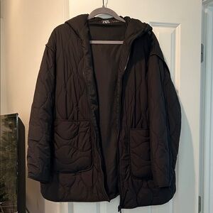 Zara Dark Quilted Hooded Coat